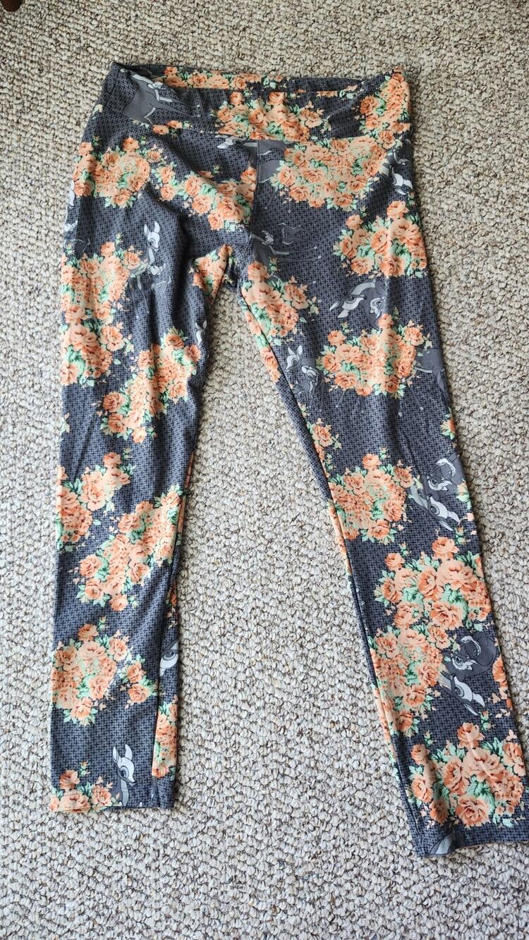 Disney x LuLaRoe Leggings Tall & Curvy Bambi Flower Floral Gray Peach Soft #618